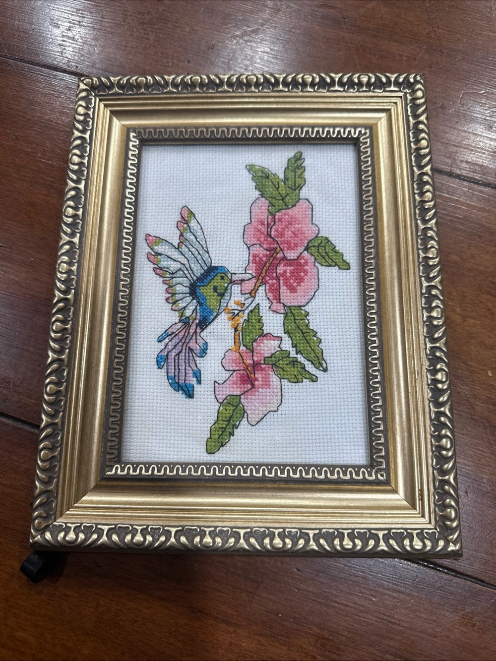 Vintage Framed Needlepoint Hummingbird & Pink Flowers Gold Ornate Frame 9.5x7.5